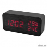 Perfeo LED часы-будильник "Wood", чёрный корпус / красная подсветка (PF-S736) время, температура