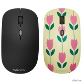 CANYON CND-CMSW400T {wireless Optical  Mouse with 4 buttons, DPI 800/1200/1600, 1 additional cover(Tulips), black, 103*58*32mm, 0.087kg, 2.4GHz}