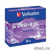 43541 Диски DVD+R Verbatim 8x, 8.5Gb/240min Double Layer (Jewel Case, 5шт.)