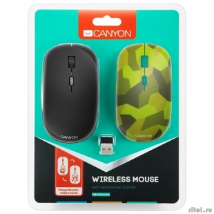 CANYON CND-CMSW400M {wireless Optical  Mouse with 4 buttons, DPI 800/1200/1600, 1 additional cover(Military), black, 103*58*32mm, 0.087kg, 2.4GHz}